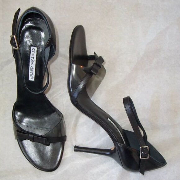 CHARLES DAVID Black Leather Clear Panel Bow Sandals Shoes 8.5 - Picture 2 of 2